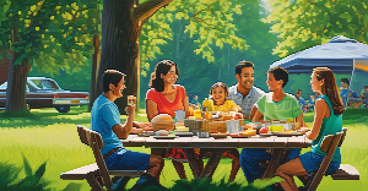 A family gathered outdoors at a picnic table, actively listening and engaging in conversation.