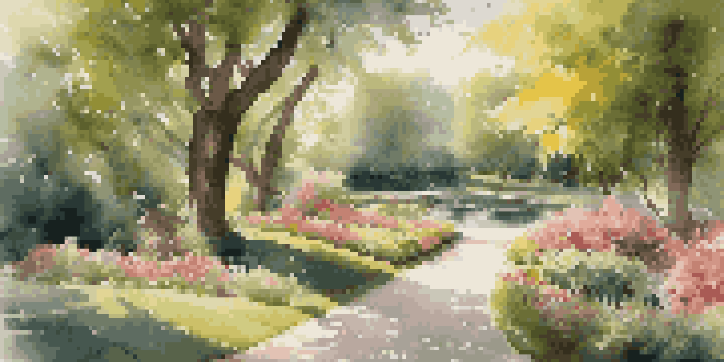 A peaceful park with green trees and blooming flowers, featuring a winding path and a tranquil pond, illuminated by soft sunlight.