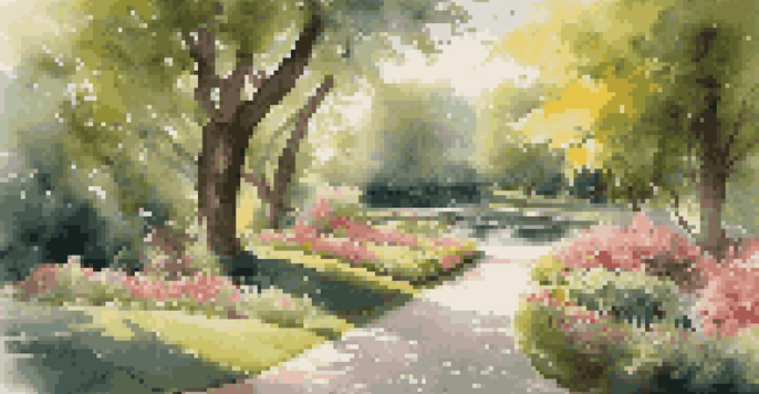 A peaceful park with green trees and blooming flowers, featuring a winding path and a tranquil pond, illuminated by soft sunlight.
