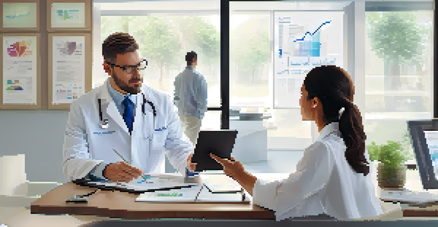 A healthcare provider discussing family health history with a patient using a digital tablet in a professional office.