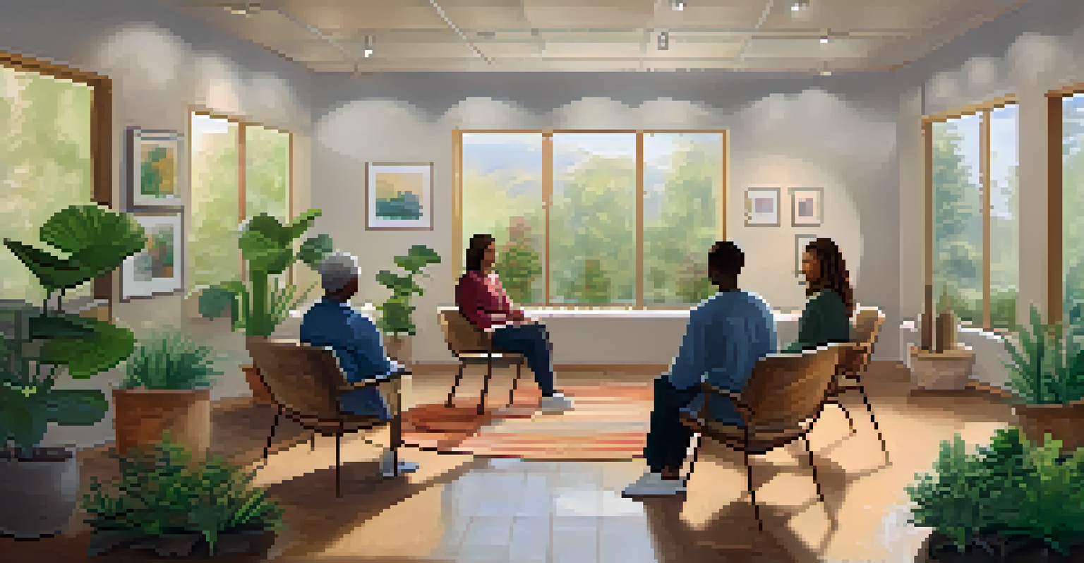A peaceful support group meeting for mental health, with participants seated in a circle in a cozy and inviting setting, surrounded by plants and warm lighting.