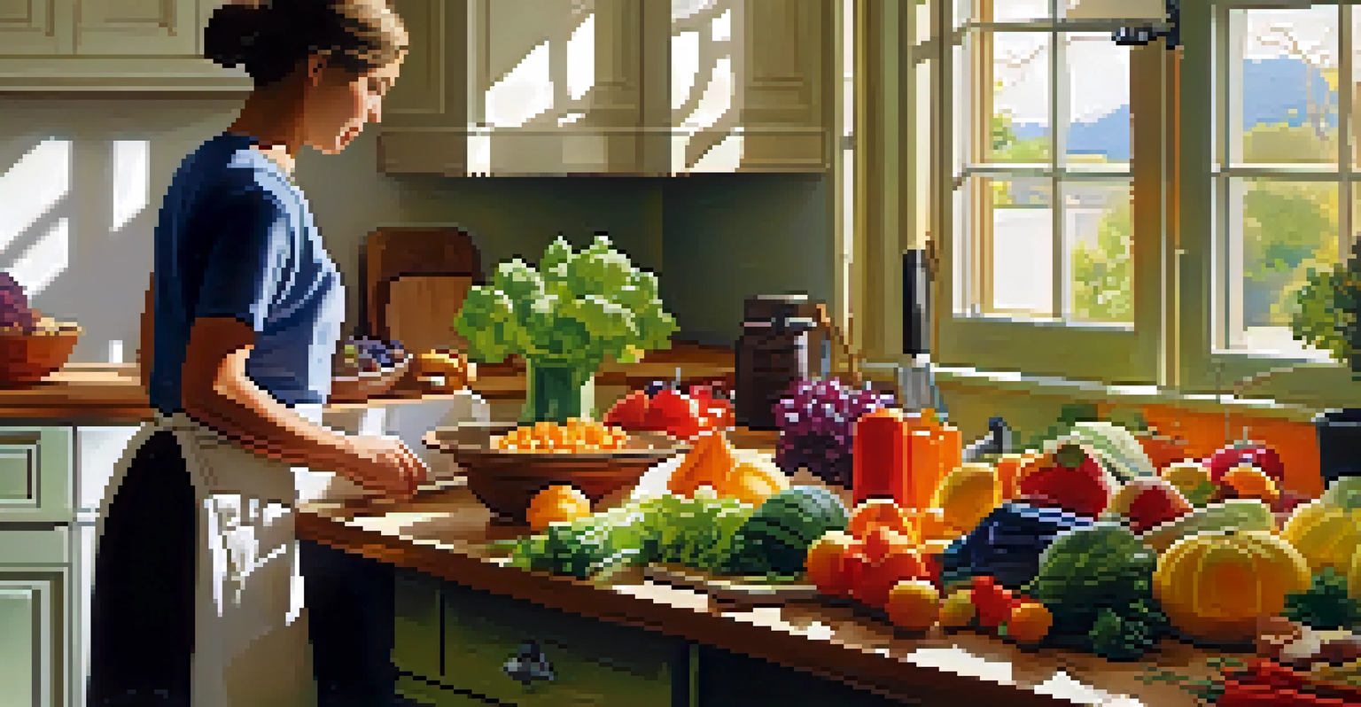 A kitchen filled with fresh fruits and vegetables, with a person preparing a healthy meal, highlighting nutrition and well-being.