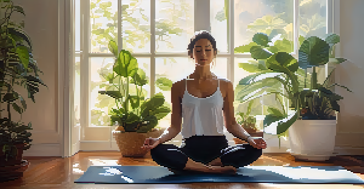 A woman meditating on a yoga mat in a bright room filled with plants, exuding calmness and tranquility.