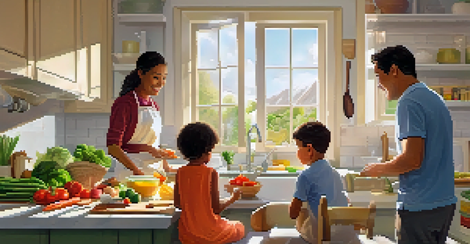 A family of four happily cooking together in a bright kitchen, surrounded by fresh ingredients and labeled utensils for allergy-friendly meals.