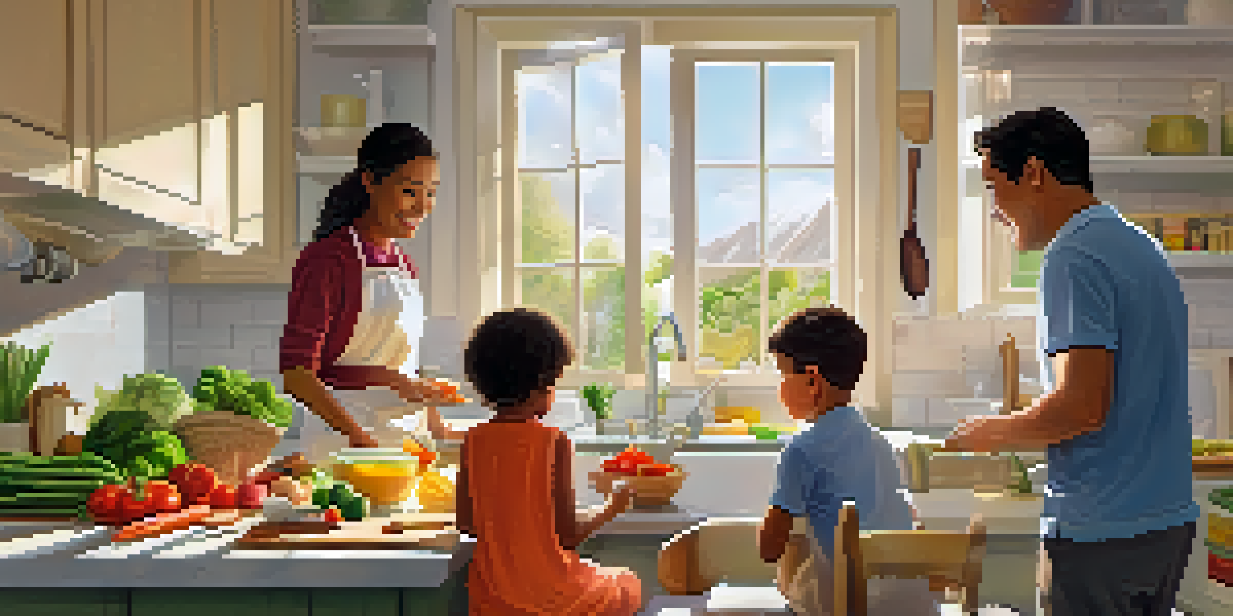 A family of four happily cooking together in a bright kitchen, surrounded by fresh ingredients and labeled utensils for allergy-friendly meals.