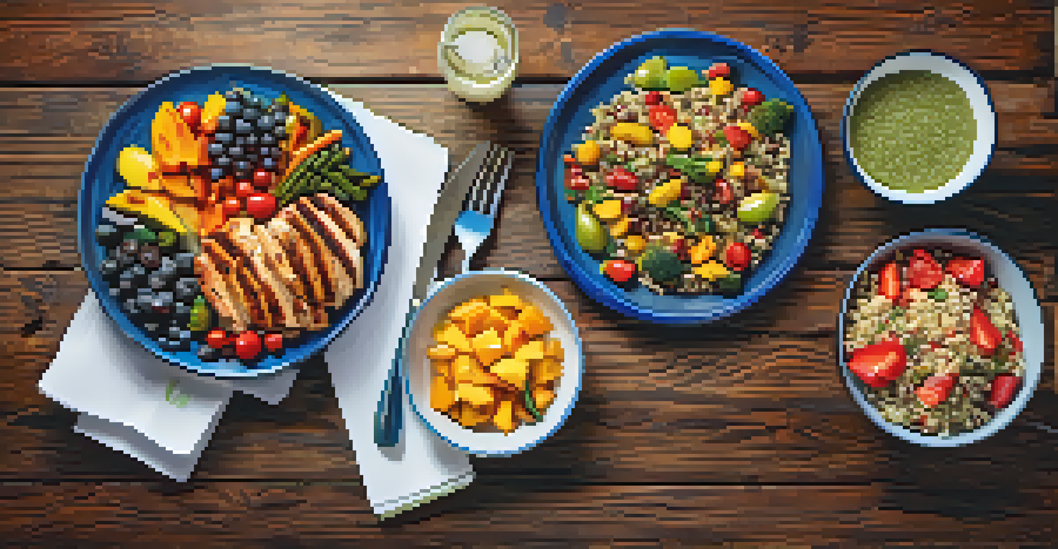 An overhead view of a nutritious athlete's meal with grilled chicken, vegetables, quinoa, and fruits.