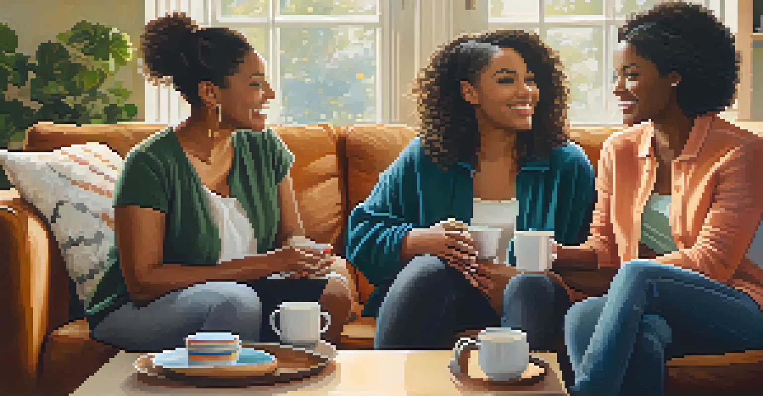 A diverse group of women in a cozy living room sharing a supportive conversation, enjoying coffee together.