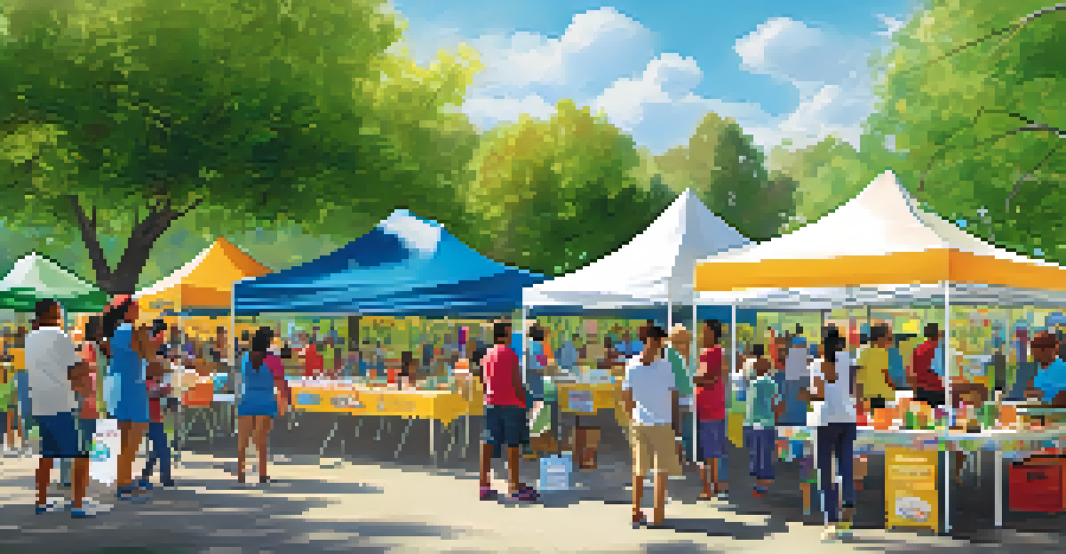 A lively community health fair in a park with various booths and families engaging in health activities on a sunny day.