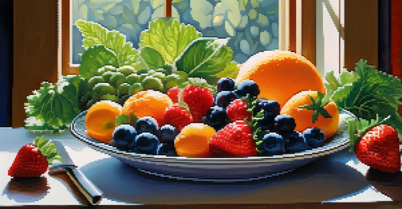 A colorful arrangement of fruits and vegetables on a wooden table with sunlight highlighting their textures.