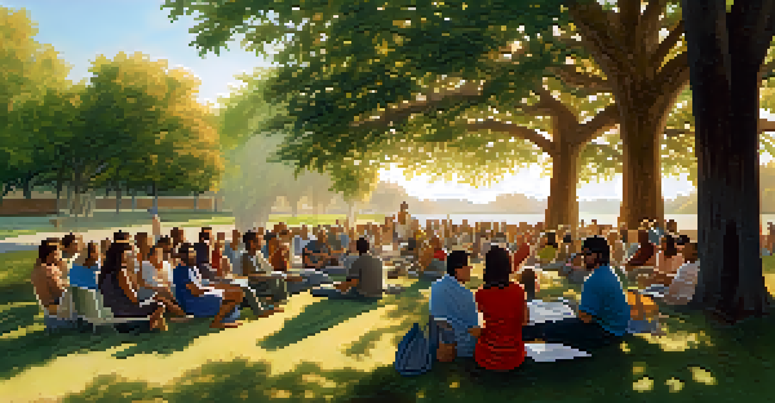 Residents gathered under a large tree for a community meeting, discussing crisis intervention strategies in a warm, inviting outdoor setting.