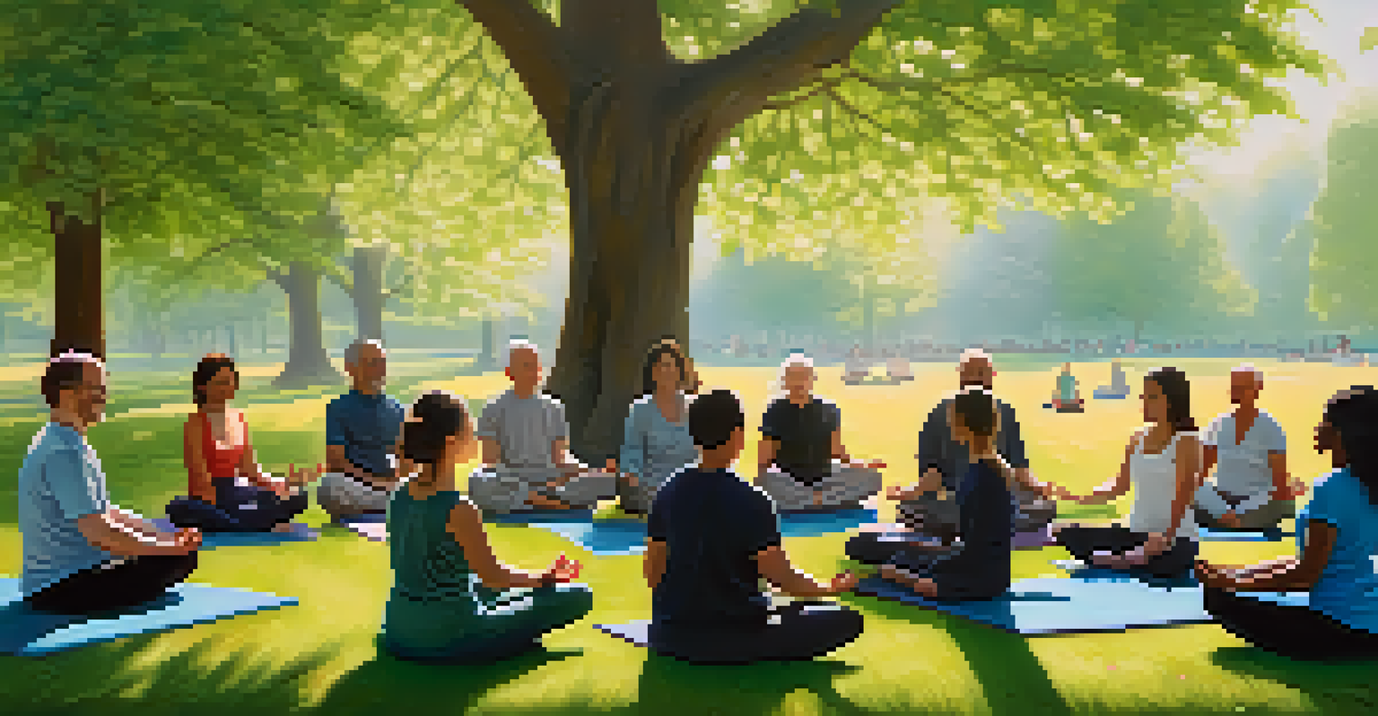 A diverse group practicing meditation in a park, surrounded by trees and soft morning light.