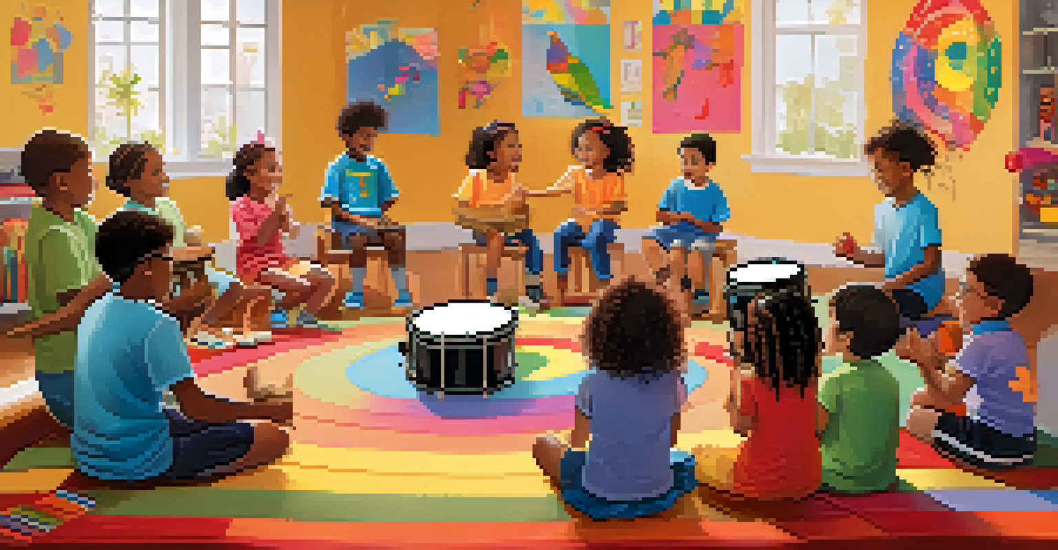 A group of children with autism engaged in a music therapy session, playing instruments and enjoying the experience together.