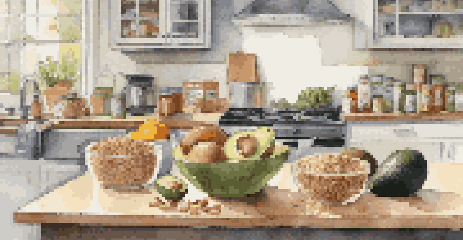 A kitchen counter displaying healthy foods such as avocados, nuts, and fruits, while a person reads a nutrition label on a box of oats in the background.