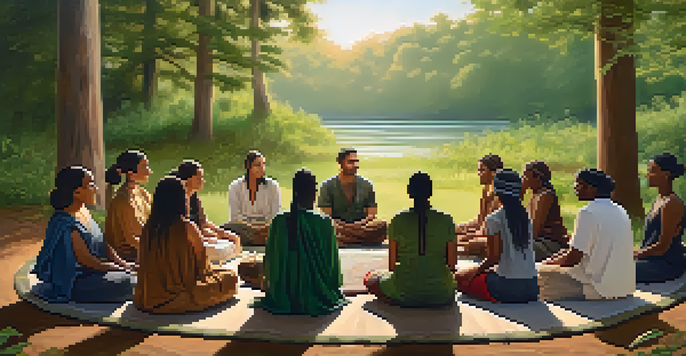 A diverse group of people sitting in a healing circle in a natural setting, holding hands and expressing support.