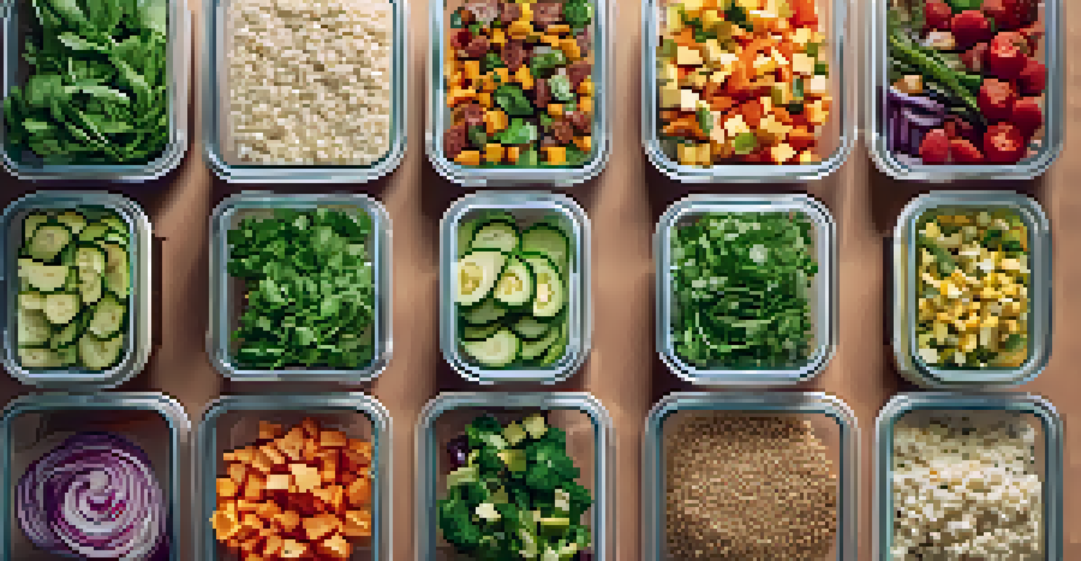 A meal prep station featuring containers with colorful salads, grains, proteins, and fresh herbs, all organized under warm kitchen lighting.