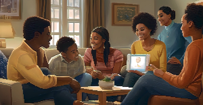 A cozy living room filled with family members discussing their health history, with a family tree chart in the background.