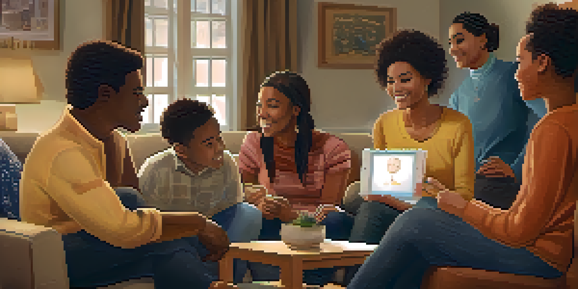 A cozy living room filled with family members discussing their health history, with a family tree chart in the background.