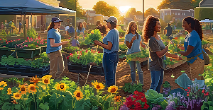 A community garden filled with diverse volunteers planting flowers and vegetables during sunset, with warm sunlight creating a golden atmosphere.