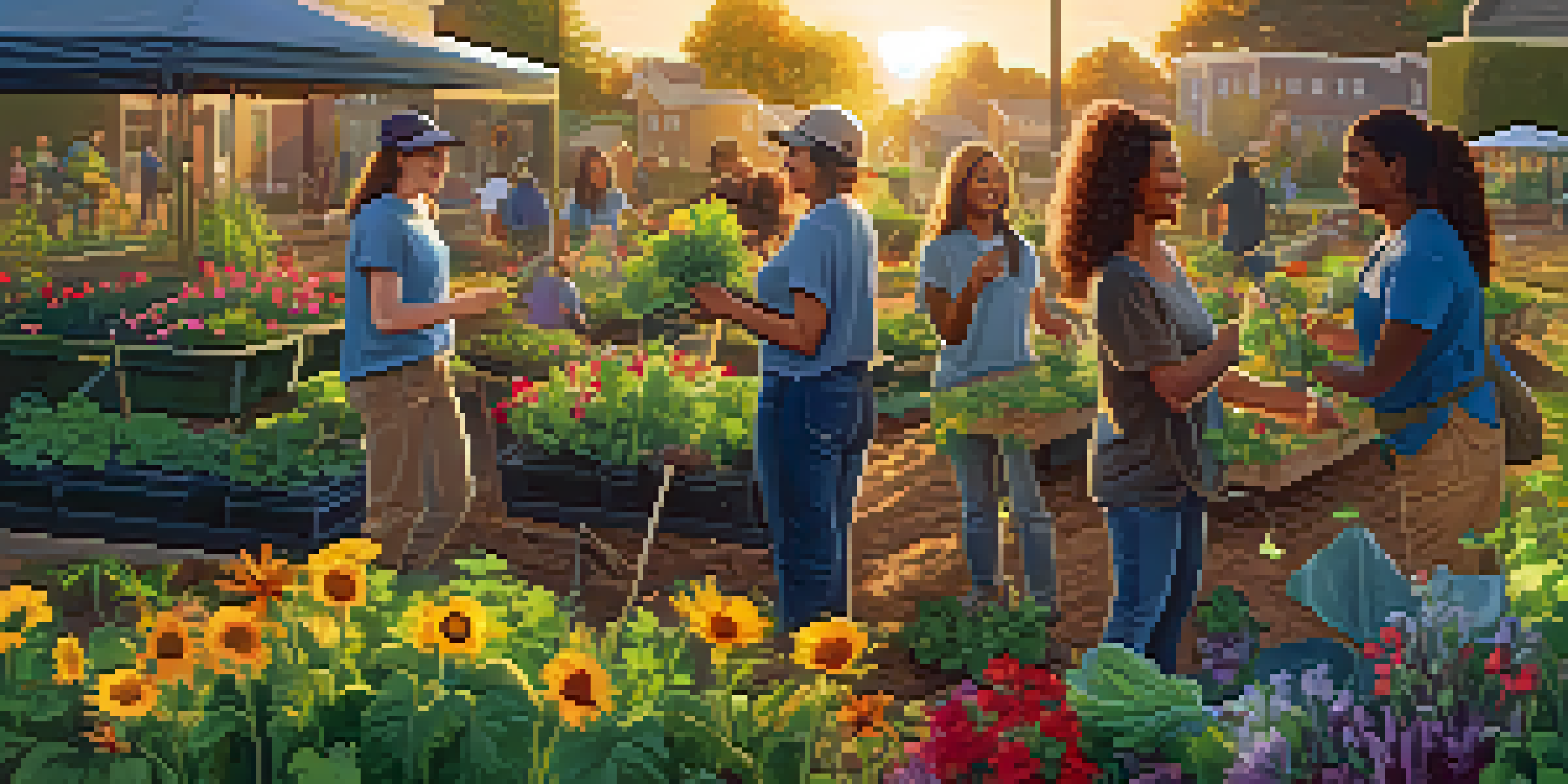 A community garden filled with diverse volunteers planting flowers and vegetables during sunset, with warm sunlight creating a golden atmosphere.