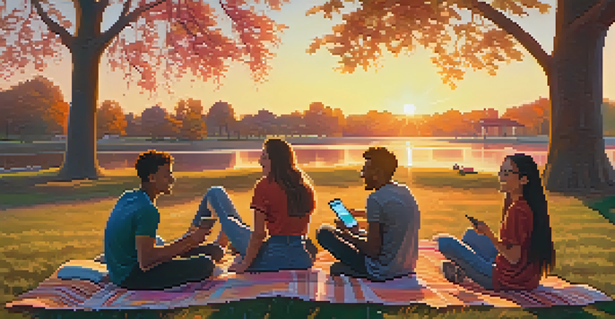 A diverse group of young people enjoying a picnic in a park during sunset, engaging in conversation with smartphones nearby.