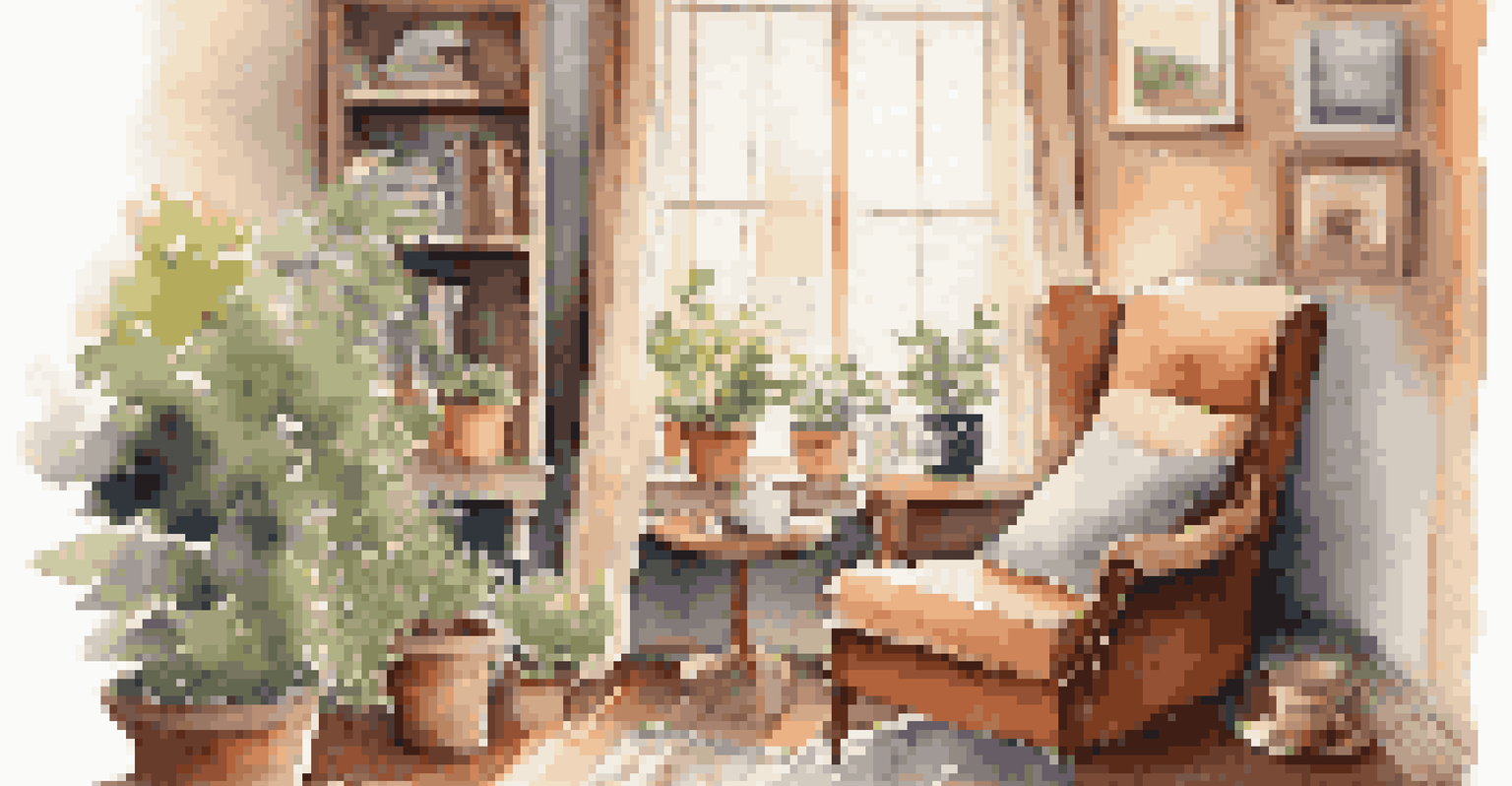 A warm reading nook with an armchair, a cup of tea, and soft light from the window.