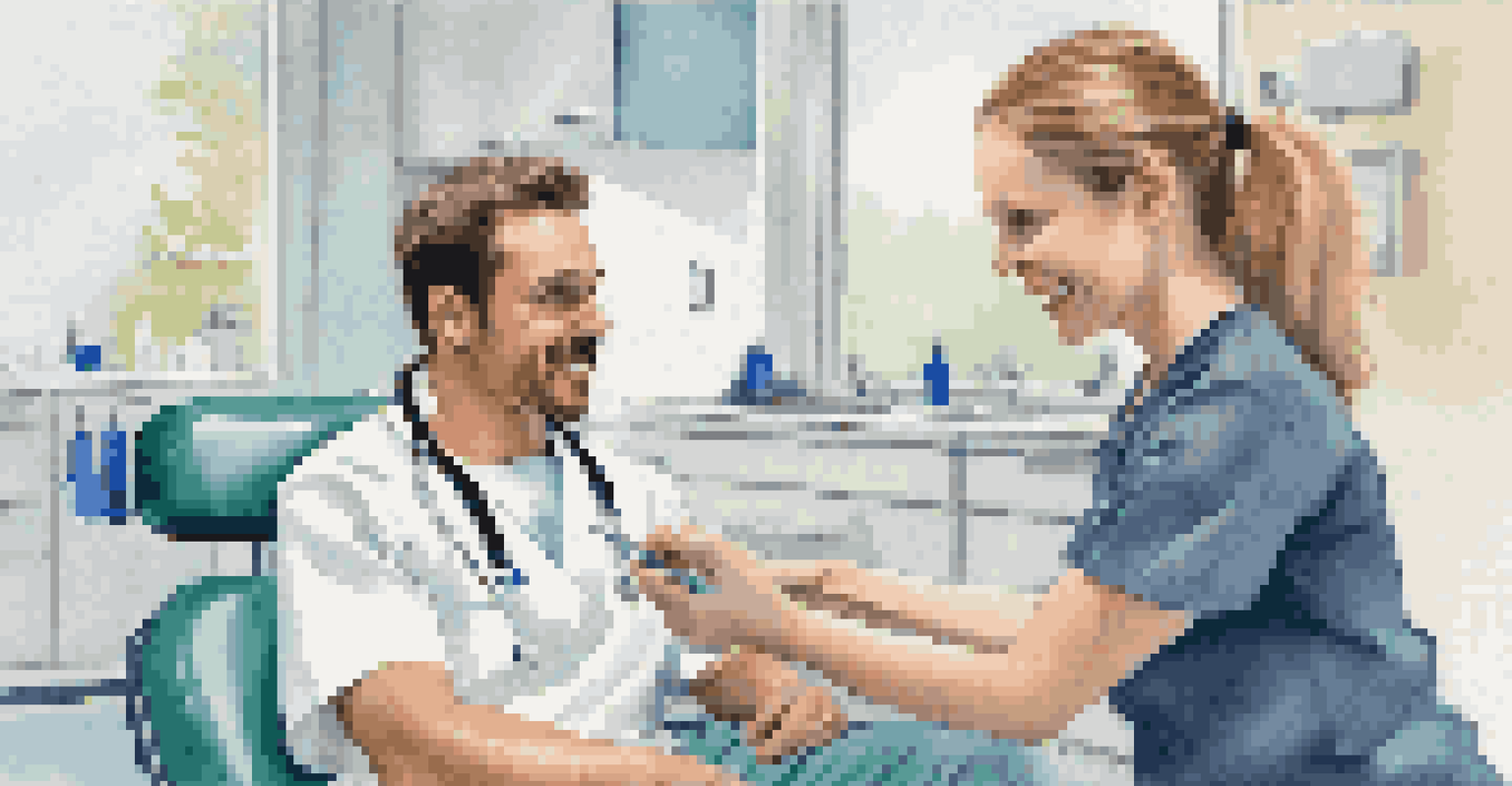 An athlete in a dental clinic, listening to a hygienist explain oral care techniques, with dental tools visible in the background.