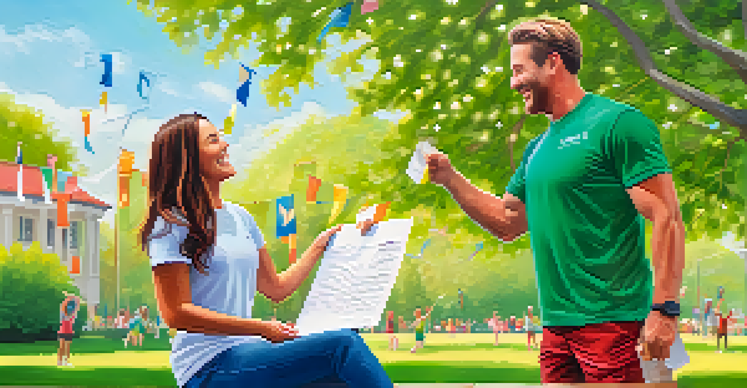 A wellness coach and her client celebrating a milestone together in a park under a clear blue sky.
