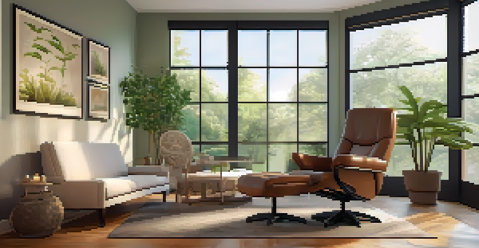 A tranquil therapy room with a comfortable recliner, soft natural light, plants, and calming artwork, creating a peaceful atmosphere for relaxation.
