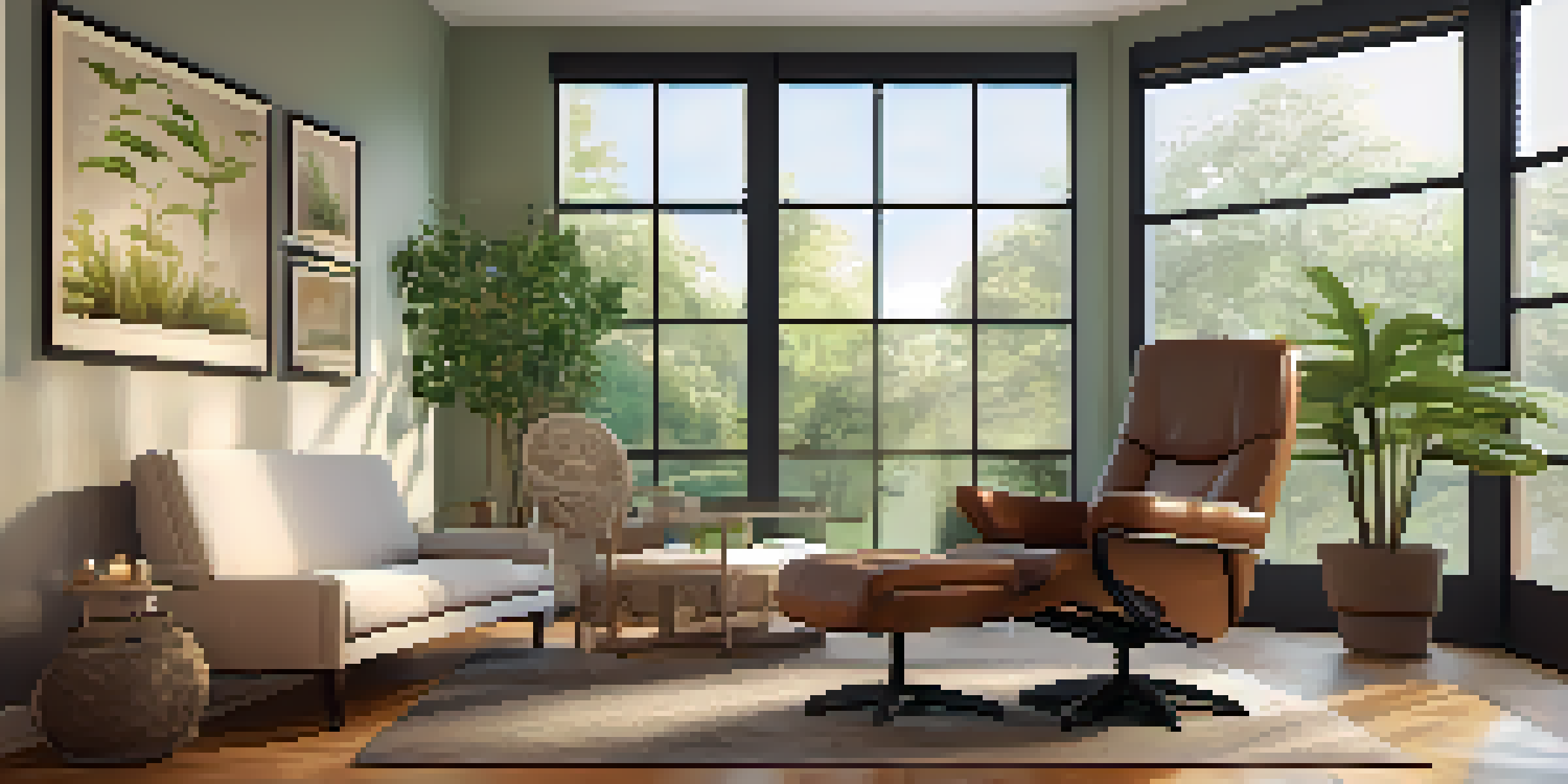 A tranquil therapy room with a comfortable recliner, soft natural light, plants, and calming artwork, creating a peaceful atmosphere for relaxation.