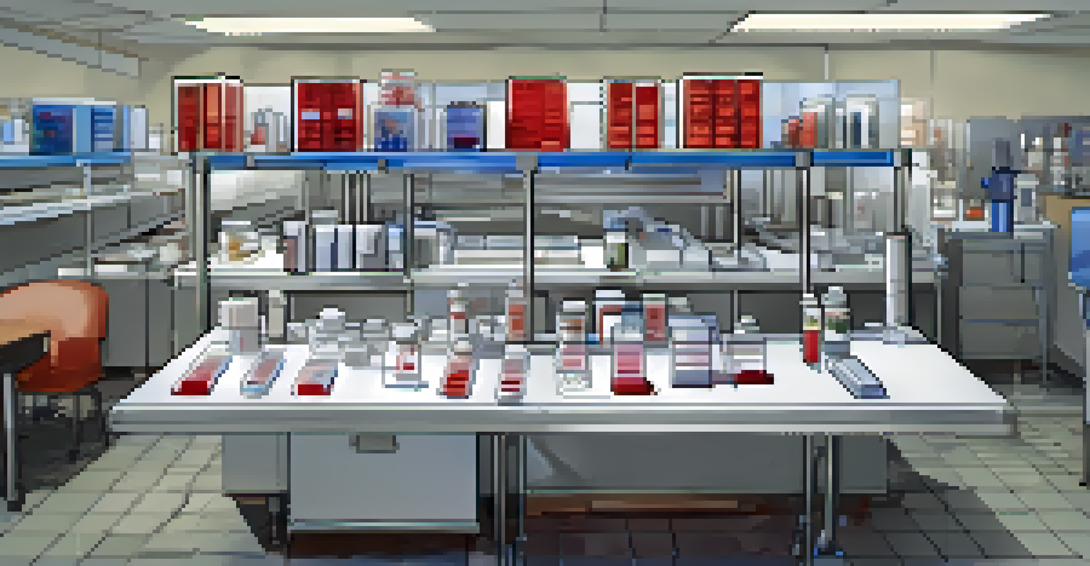 An overhead view of a blood test setup for food allergies, including vials, syringes, and a microscope in a sterile environment.