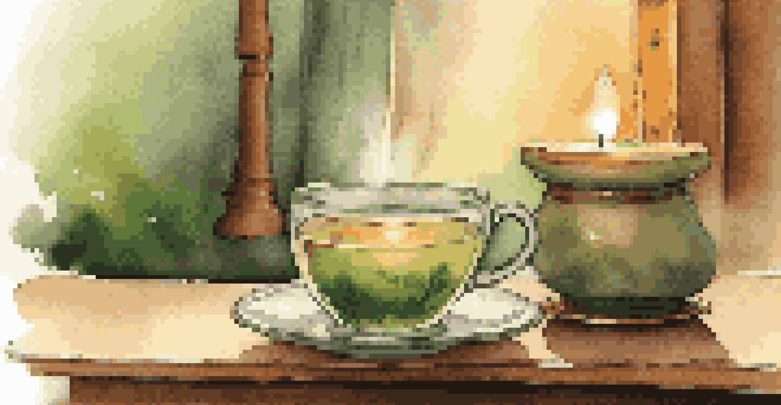 A close-up of herbal tea, a book, and a lit candle on a nightstand, set in a peaceful atmosphere.