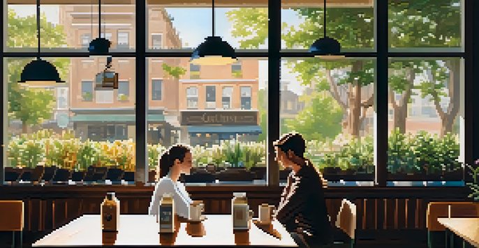 Two friends sitting at a table in a coffee shop, engaged in conversation with warm lighting and plants in the background.