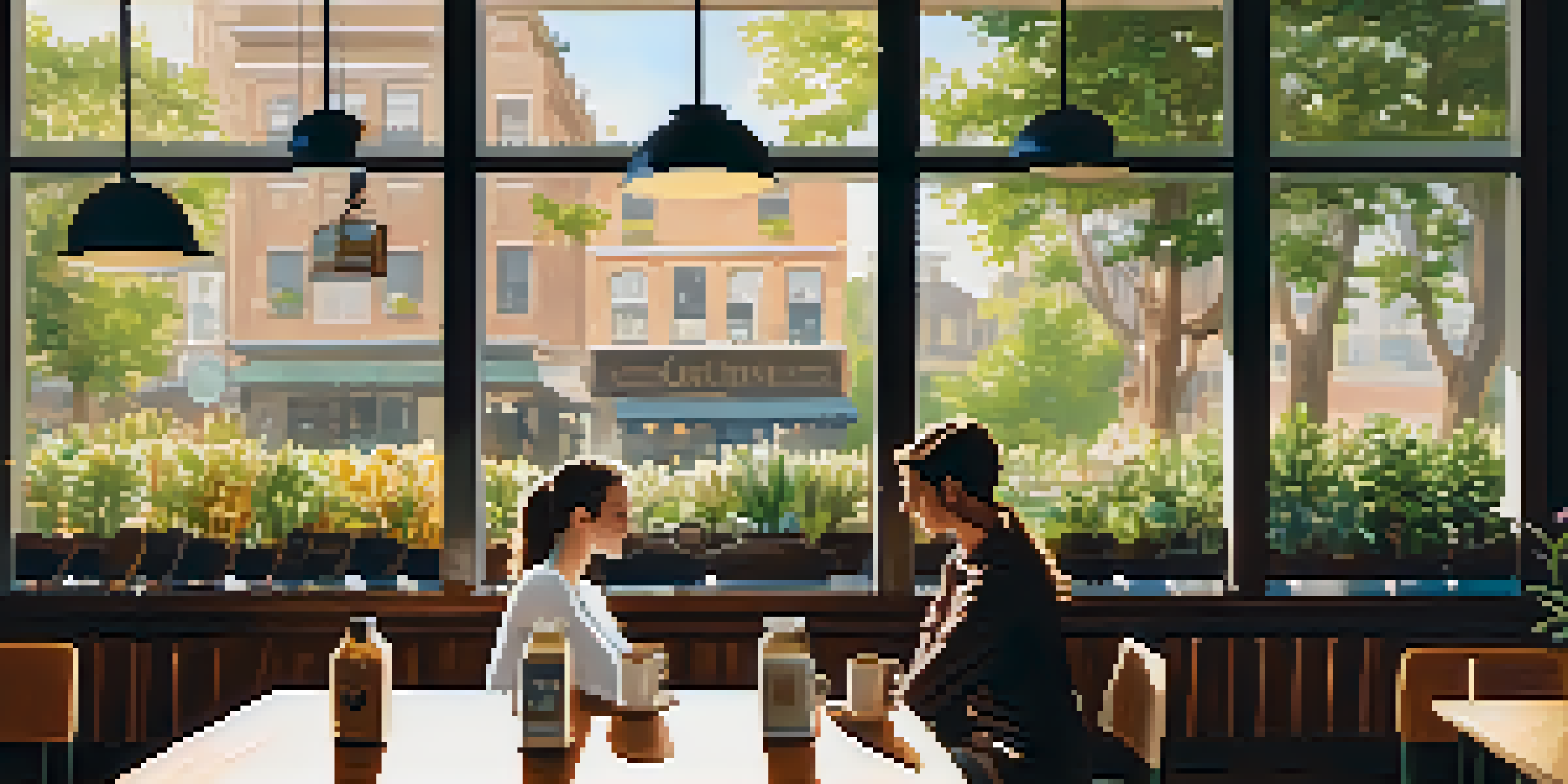 Two friends sitting at a table in a coffee shop, engaged in conversation with warm lighting and plants in the background.