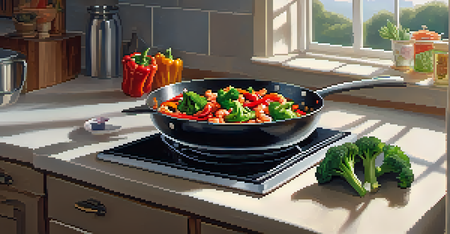 A stir-fry in a skillet with colorful vegetables and shrimp being cooked in a bright kitchen.