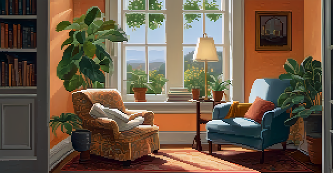 An older adult reading a book in a cozy living room filled with plants and warm colors, illuminated by soft afternoon light.