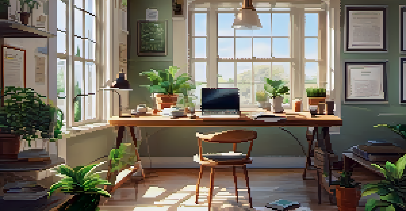 A bright and welcoming workspace with a desk, laptop, and plants, promoting an inspiring atmosphere for personal growth.