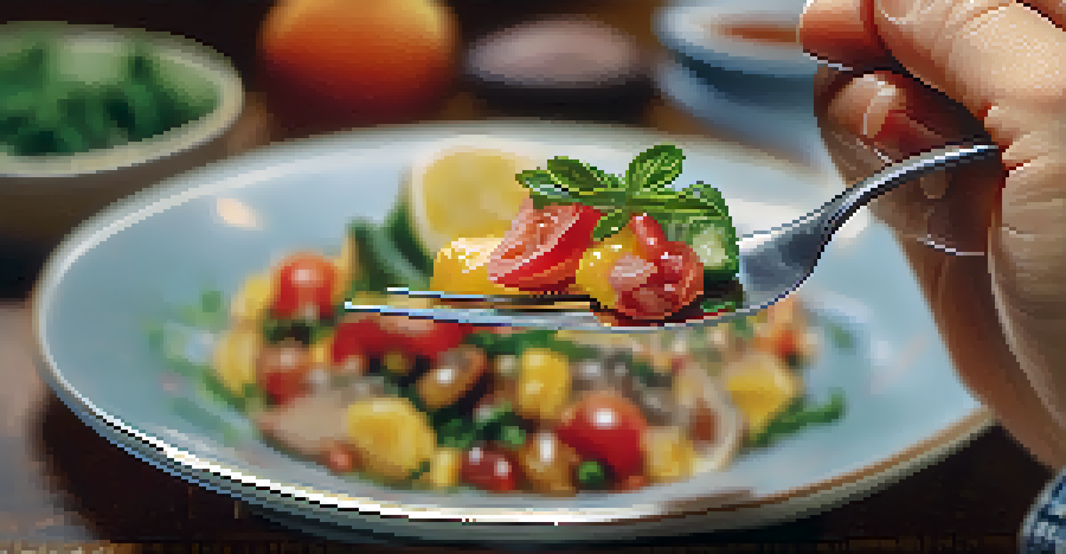 A close-up of a hand holding a fork with a colorful bite of food, focusing on the textures and colors, with a blurred background.