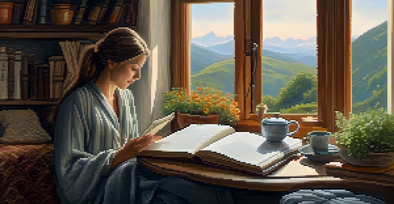 A woman journaling in a cozy corner with tea and blankets, surrounded by a peaceful nature view.