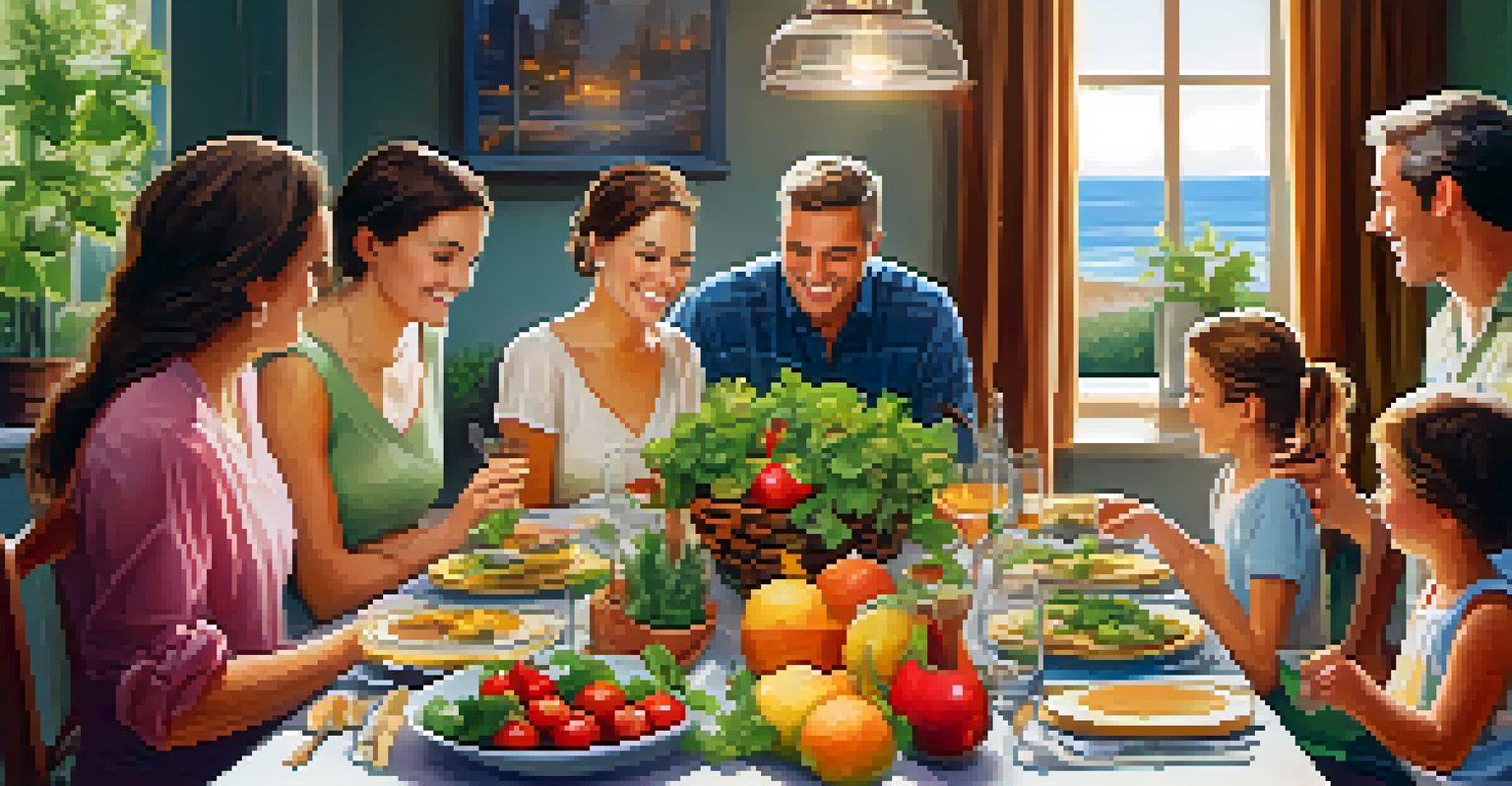 A family enjoying a meal around a cozy dining table filled with colorful and healthy dishes.