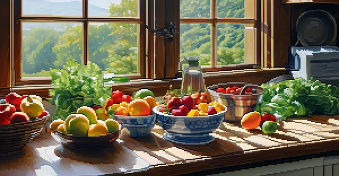 A warm kitchen filled with fresh fruits and vegetables on a wooden countertop, with sunlight coming through a window and a notebook indicating healthy meal planning.