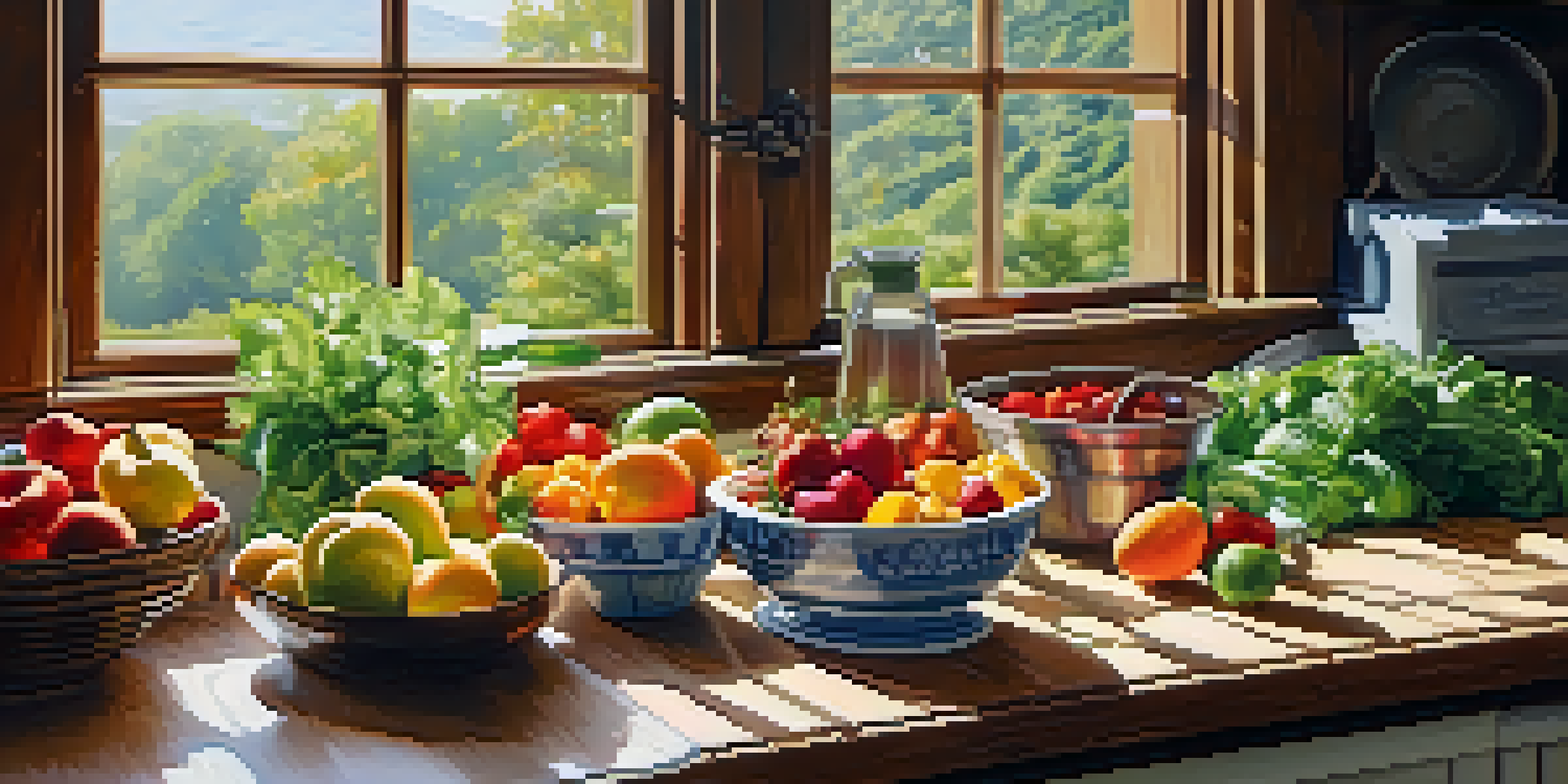 A warm kitchen filled with fresh fruits and vegetables on a wooden countertop, with sunlight coming through a window and a notebook indicating healthy meal planning.