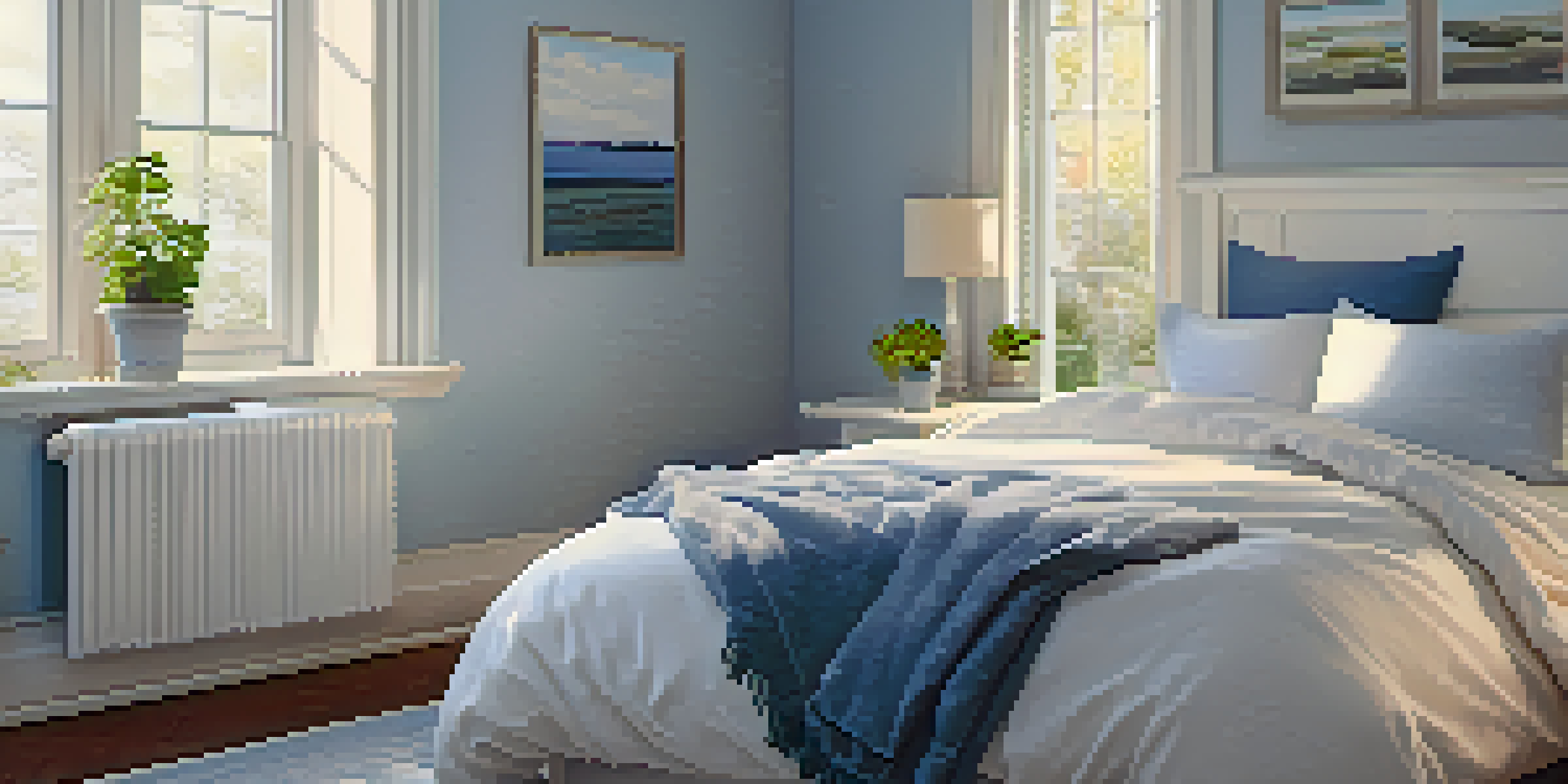 A peaceful bedroom with a cozy bed, soft linens, and warm lighting, creating a calming atmosphere.