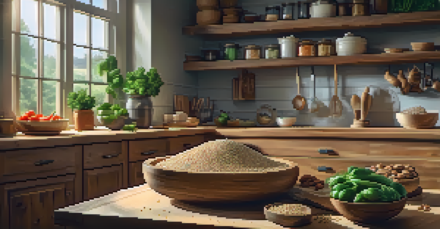 A kitchen countertop filled with whole foods and ingredients for healthy cooking, with warm lighting.