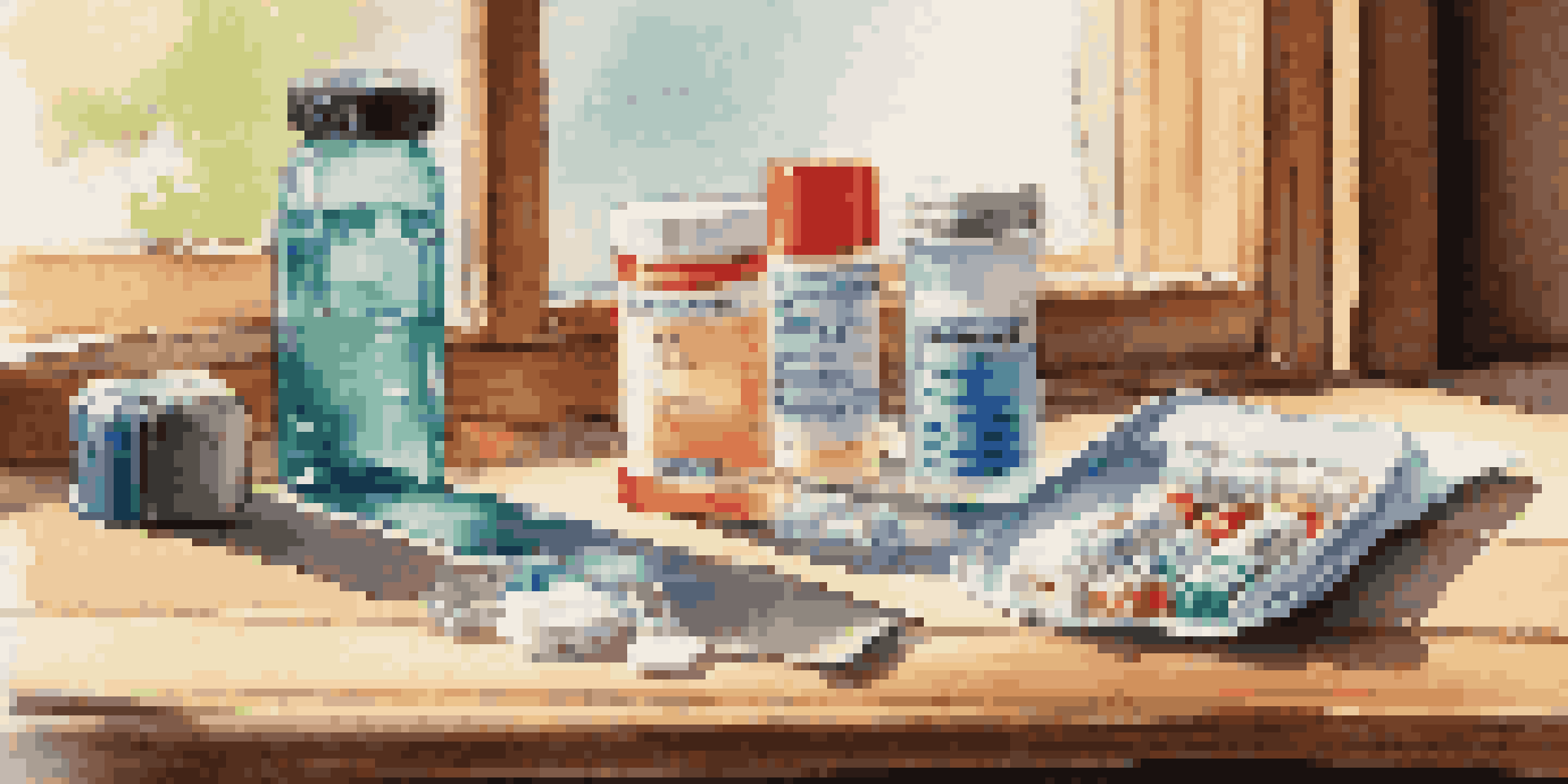 A travel health kit with colorful pill bottles and antiseptic wipes arranged on a wooden table, illuminated by sunlight.