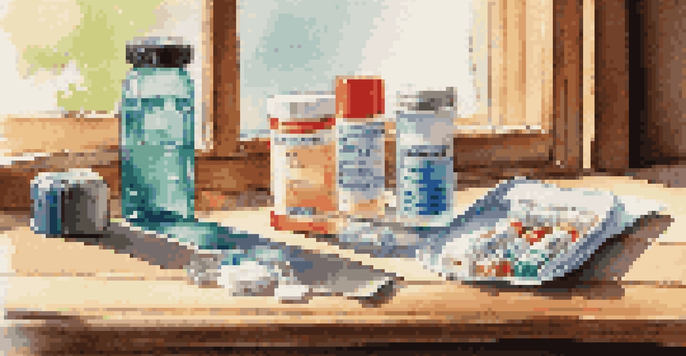 A travel health kit with colorful pill bottles and antiseptic wipes arranged on a wooden table, illuminated by sunlight.