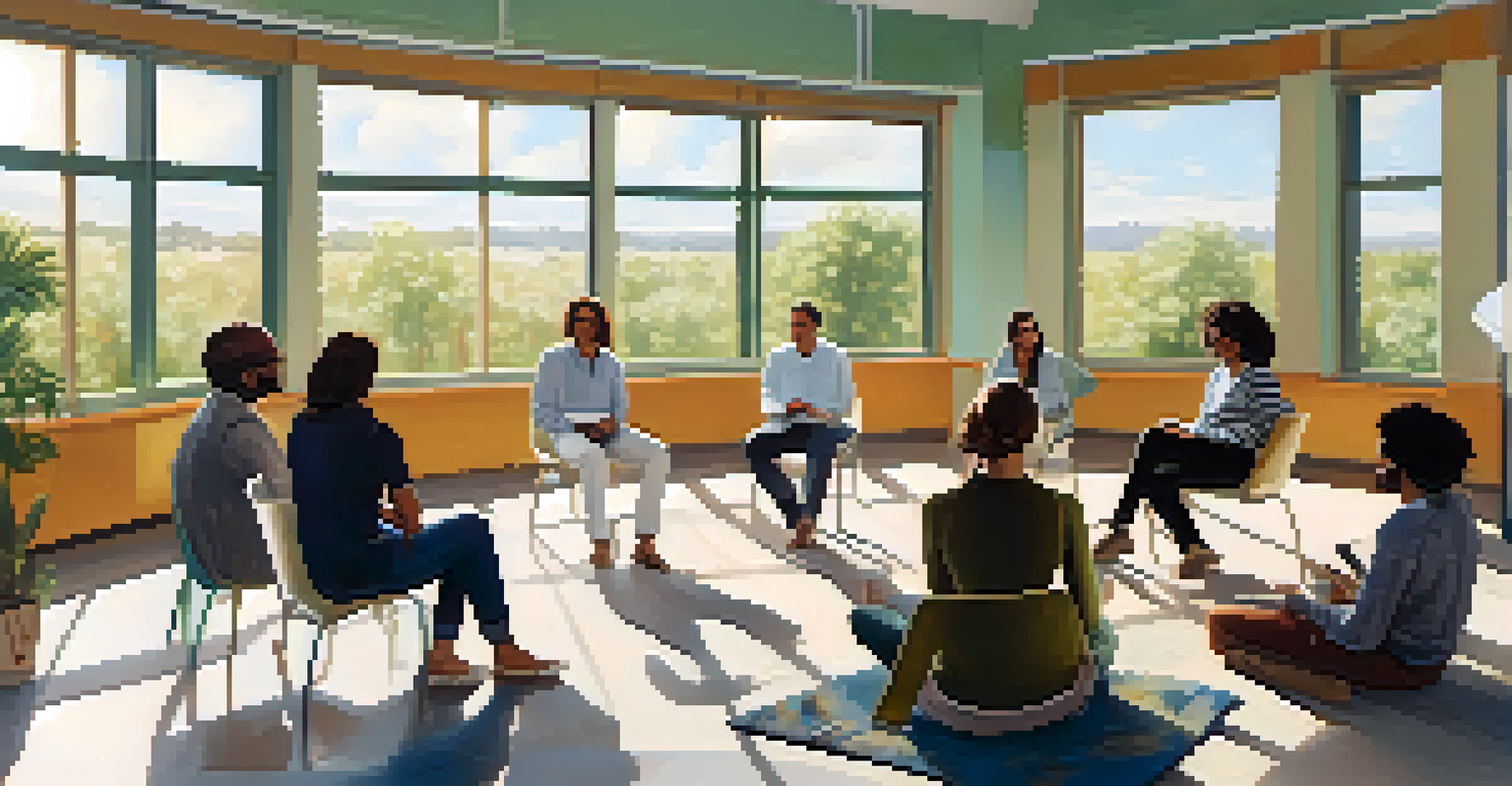 A group therapy session with a beagle in the center, showing participants sharing smiles and conversations.