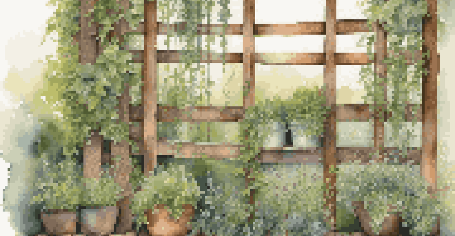 A vertical garden on a trellis with climbing plants and herbs, set against a rustic wooden fence in soft evening light.
