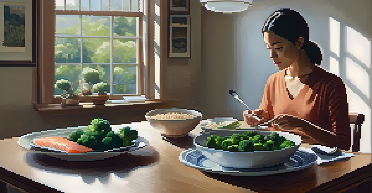 A person practicing mindful eating at a dining table with a balanced meal of salmon, brown rice, and steamed broccoli, illuminated by natural light.