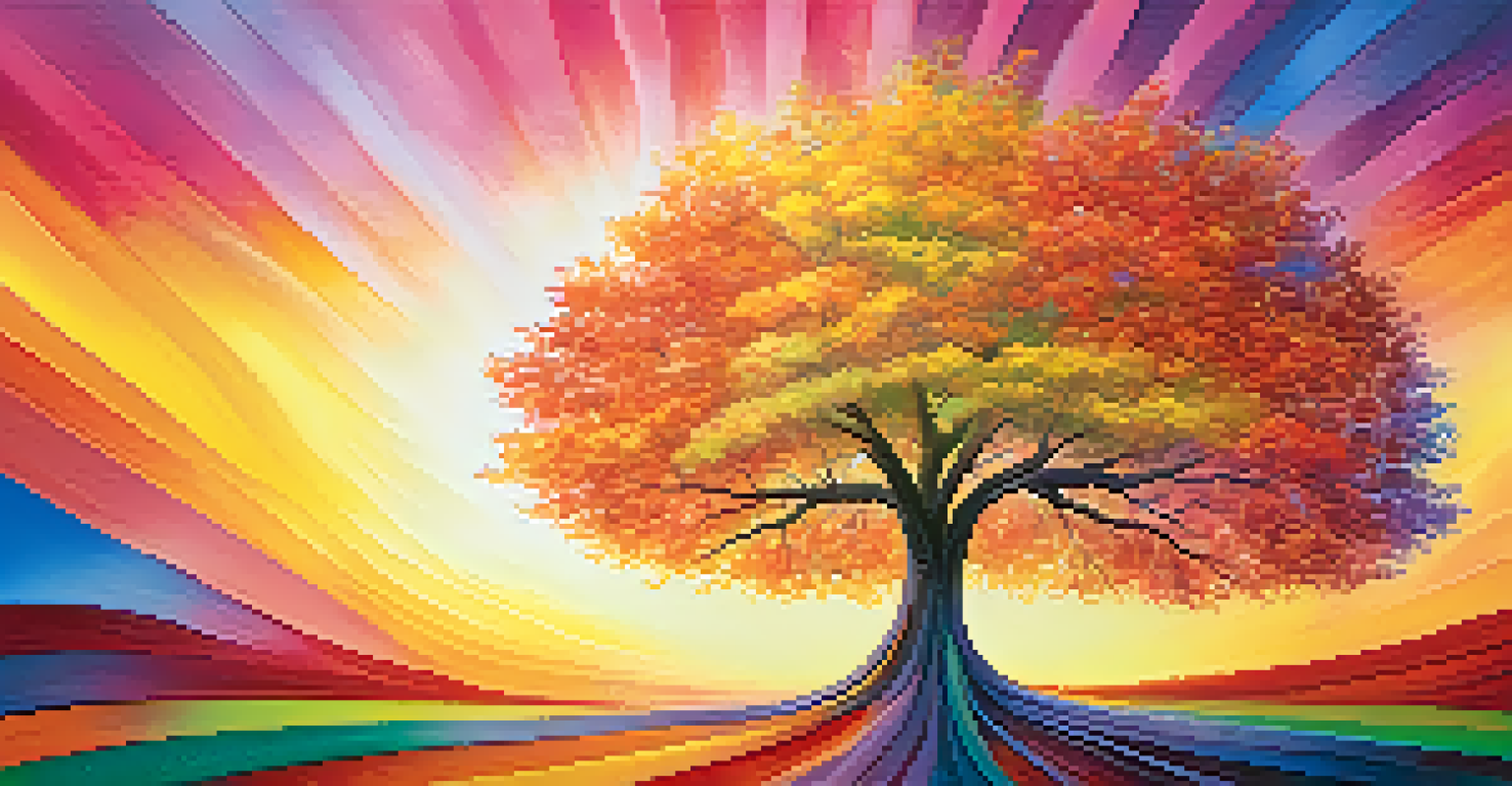 An abstract tree with colorful leaves against a gradient background, symbolizing self-esteem and personal growth.