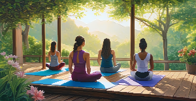 A group of women of diverse backgrounds practicing yoga on a wooden deck in a lush green environment with flowers, illuminated by soft morning light.